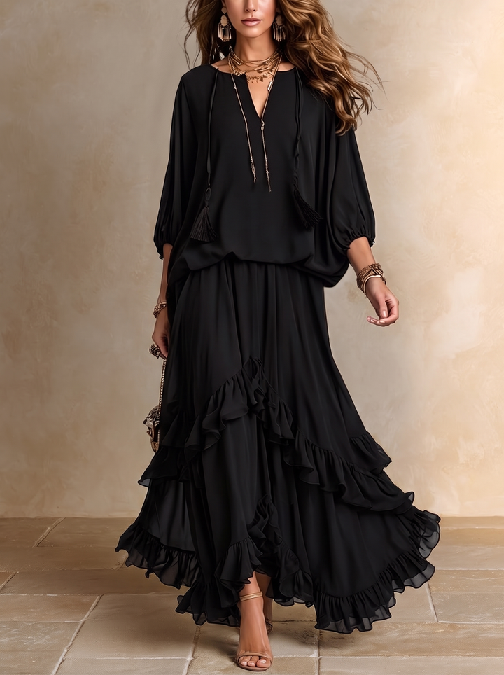 Cecilia - Black Tulle Top and Striped Skirt Matching Set