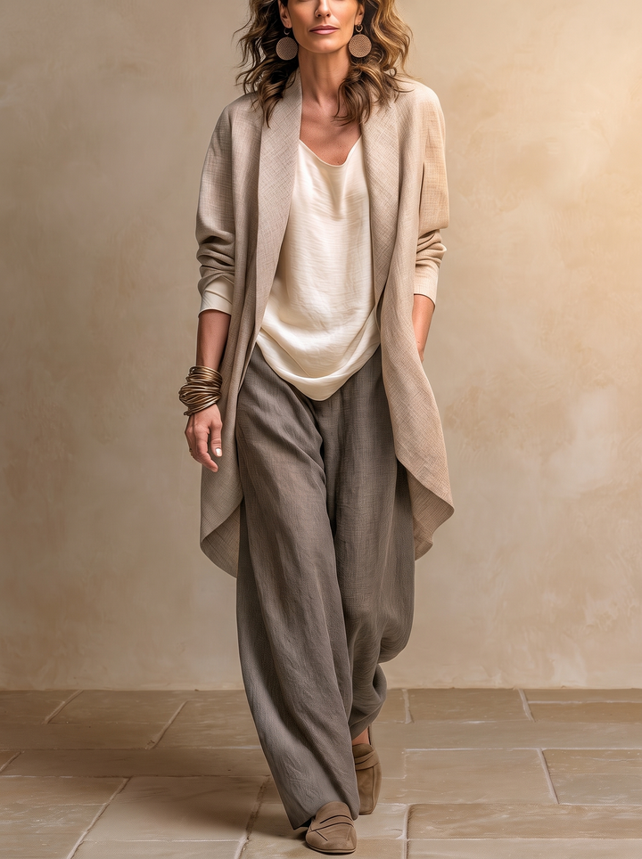 Karen - Beige Grey Layered Three-Piece Palazzo Matching Set
