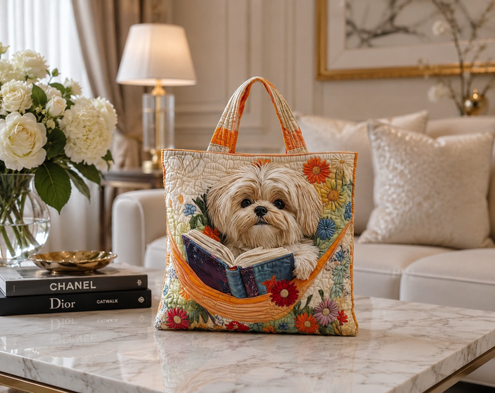 Bolsa Tote Acolchada - Shih Tzu con Libros y Flores