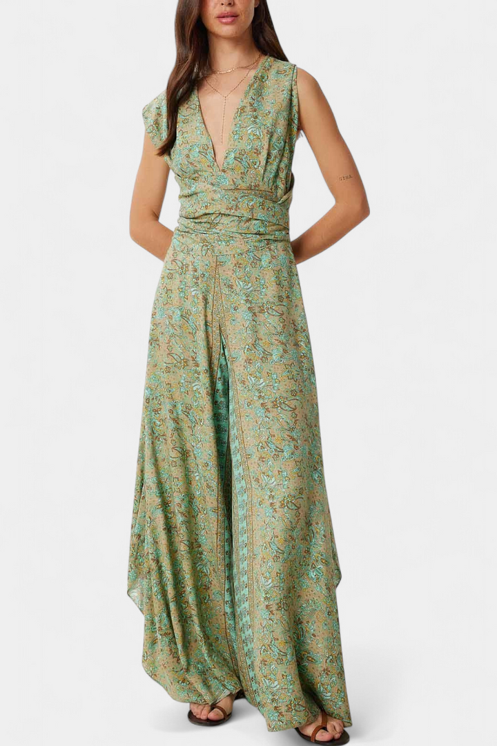 Bryleigh - Green Floral Crossover Wide-Leg Jumpsuit