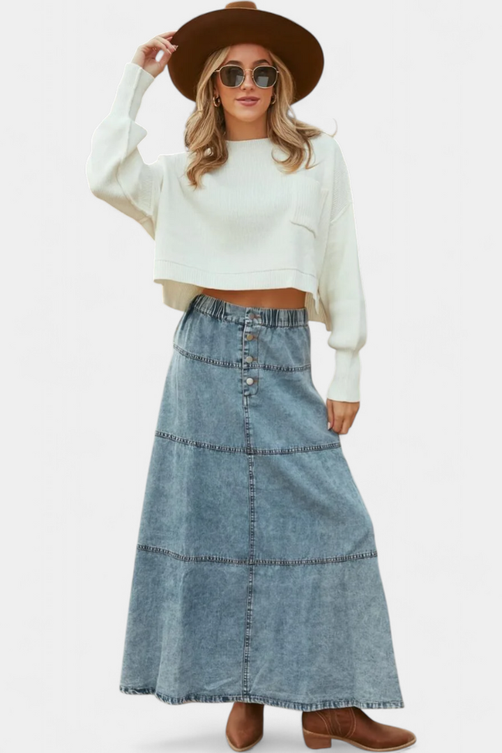 Maegan - Denim Maxi Skirt with Feather Hem