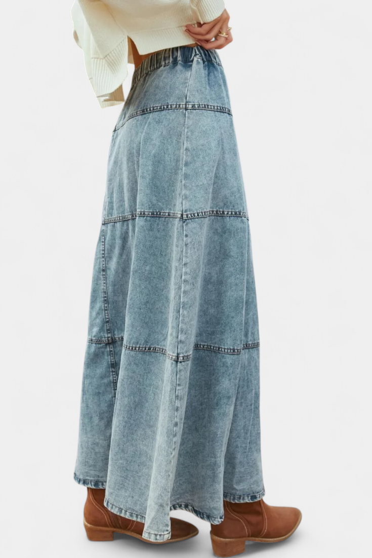 Maegan - Denim Maxi Skirt with Feather Hem