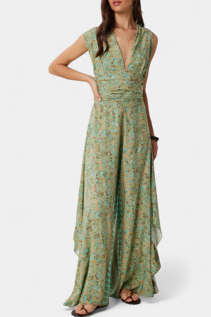 Bryleigh - Green Floral Crossover Wide-Leg Jumpsuit