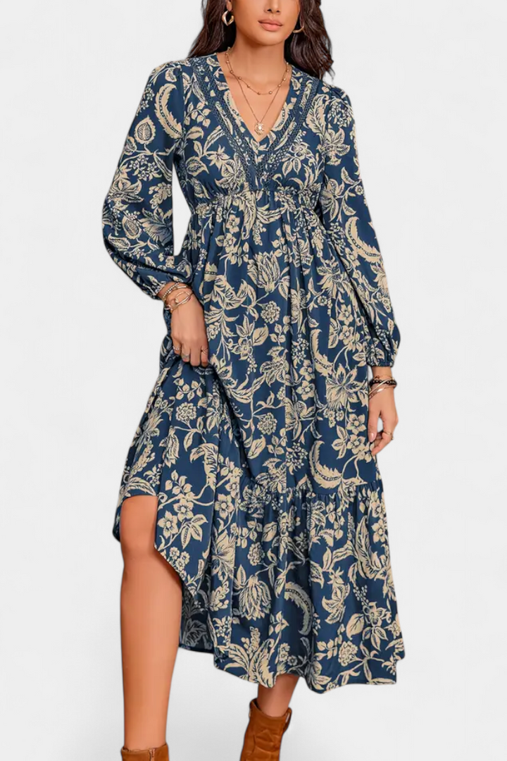 Maybelle - Bohemian Floral Maxi Dress with Puff Sleeves