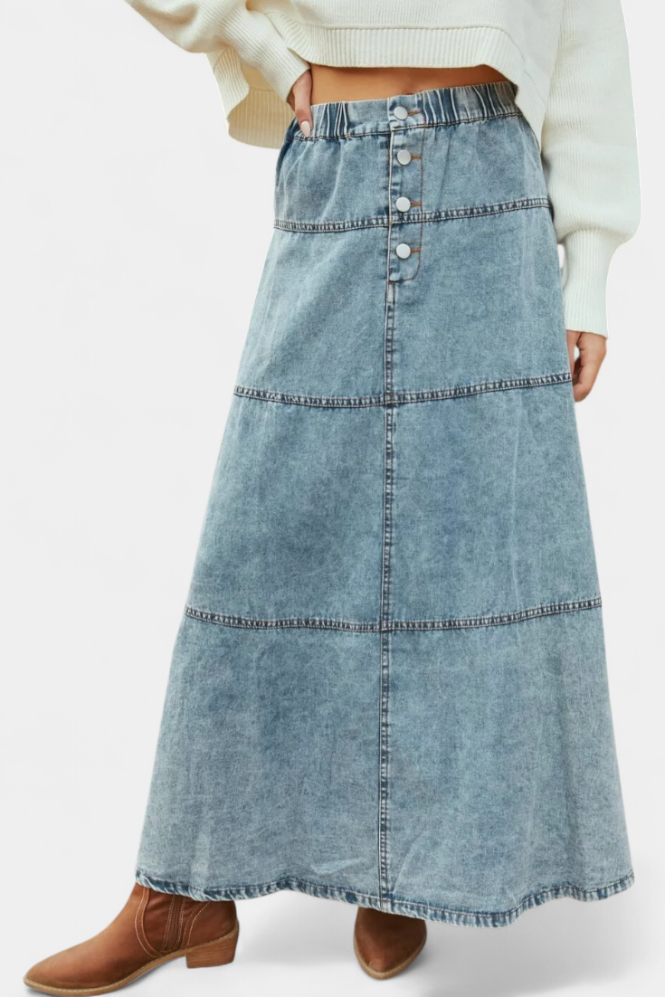 Maegan - Denim Maxi Skirt with Feather Hem