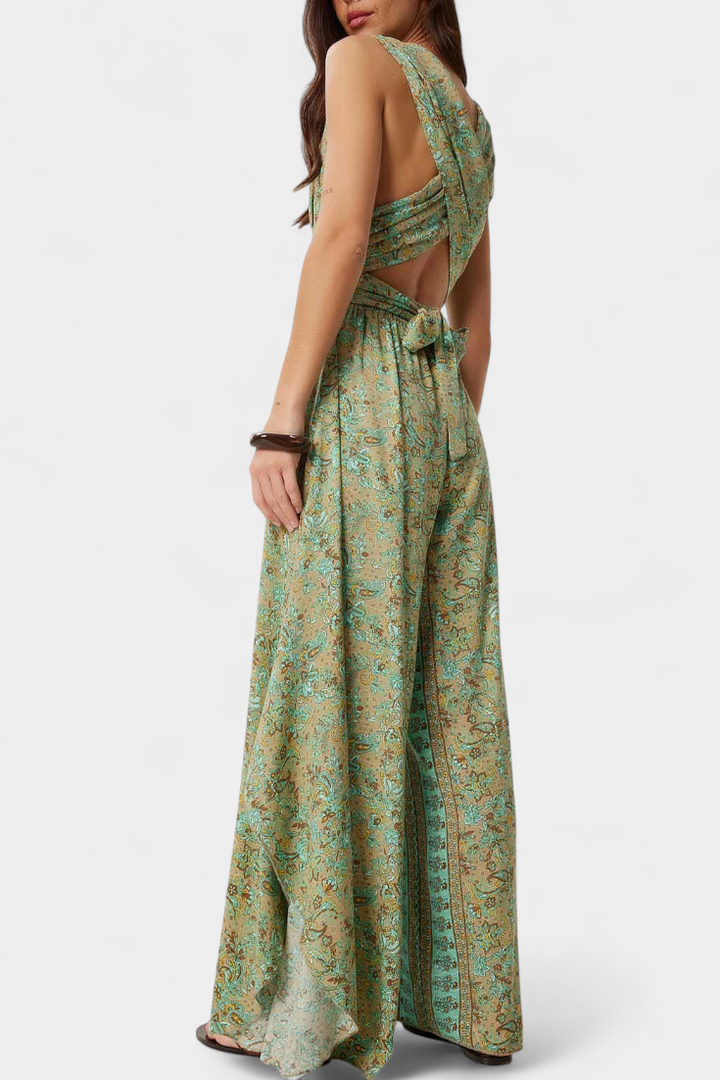 Bryleigh - Green Floral Crossover Wide-Leg Jumpsuit
