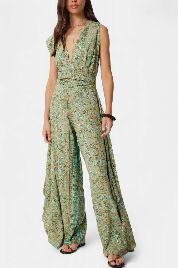 Bryleigh - Green Floral Crossover Wide-Leg Jumpsuit
