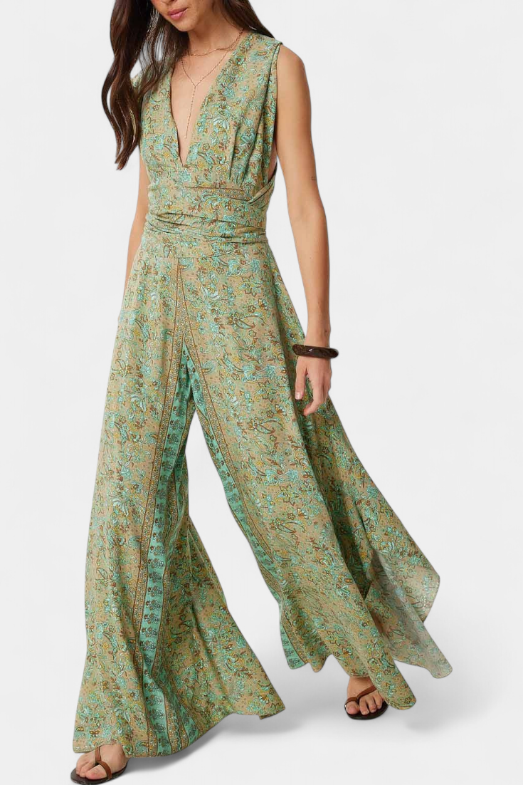 Bryleigh - Green Floral Crossover Wide-Leg Jumpsuit