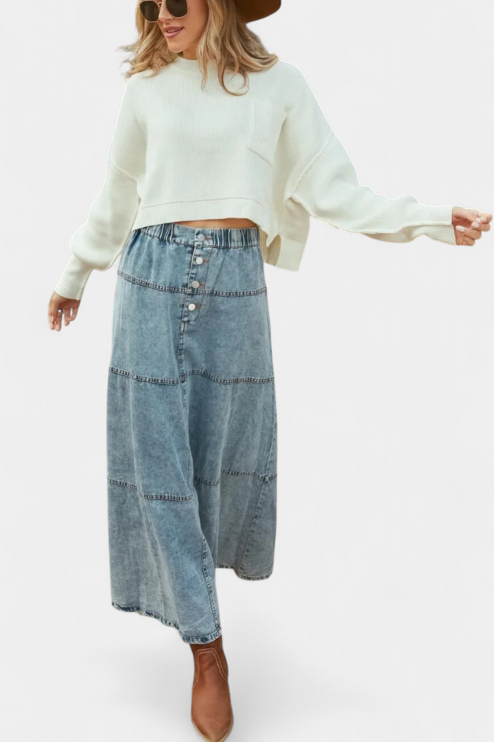 Maegan - Denim Maxi Skirt with Feather Hem