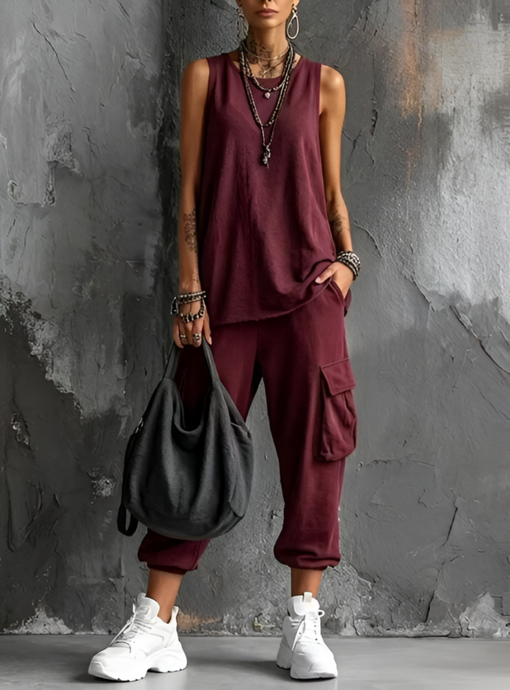 Evaline - Sleeveless Top and Utility Pocket Pants Set