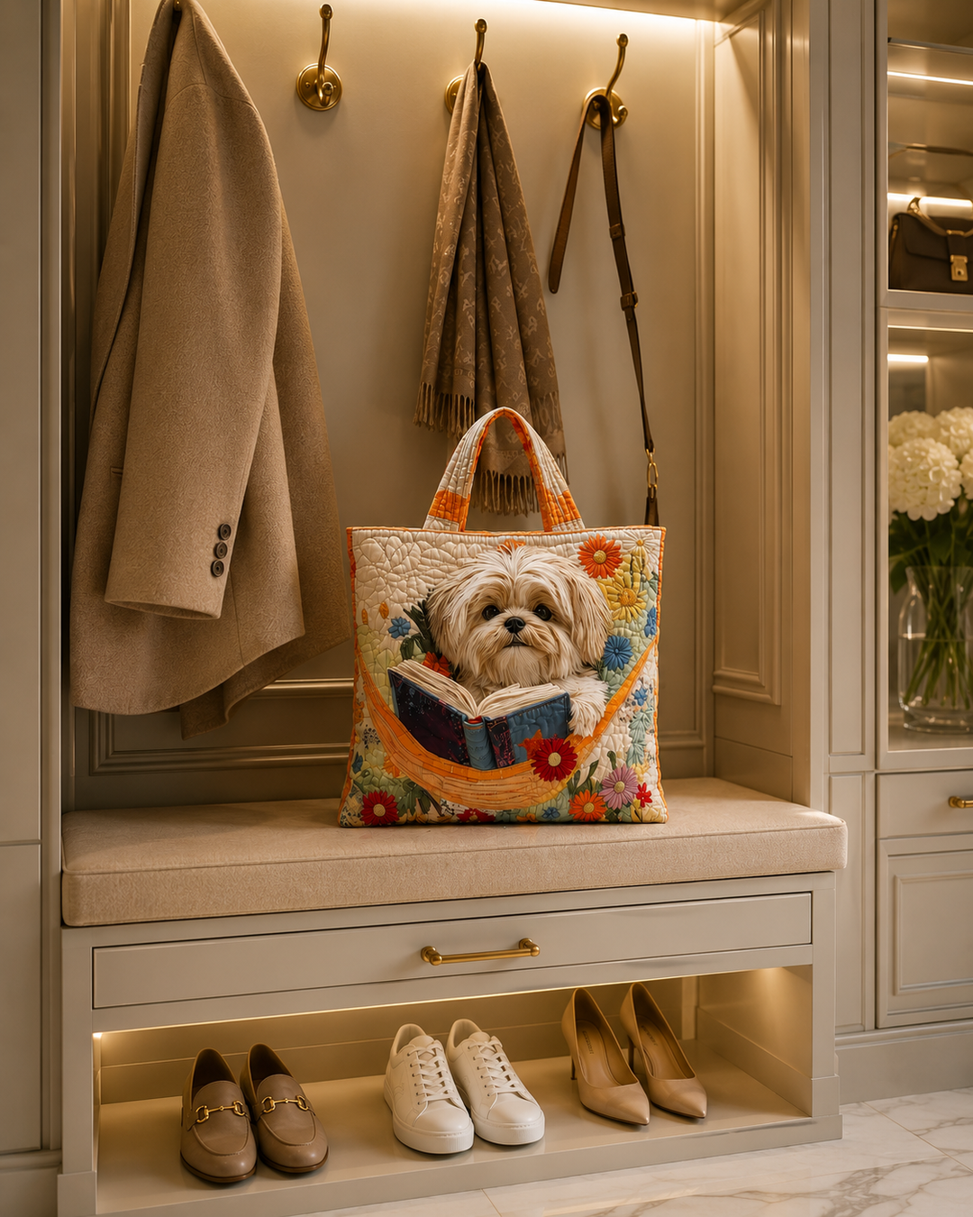 Bolsa Tote Acolchada - Shih Tzu con Libros y Flores