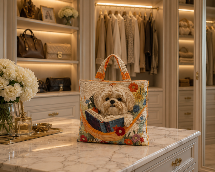 Bolsa Tote Acolchada - Shih Tzu con Libros y Flores