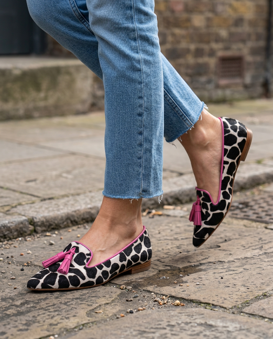 Eliza - Black and White Print Loafers with Pink Tassels
