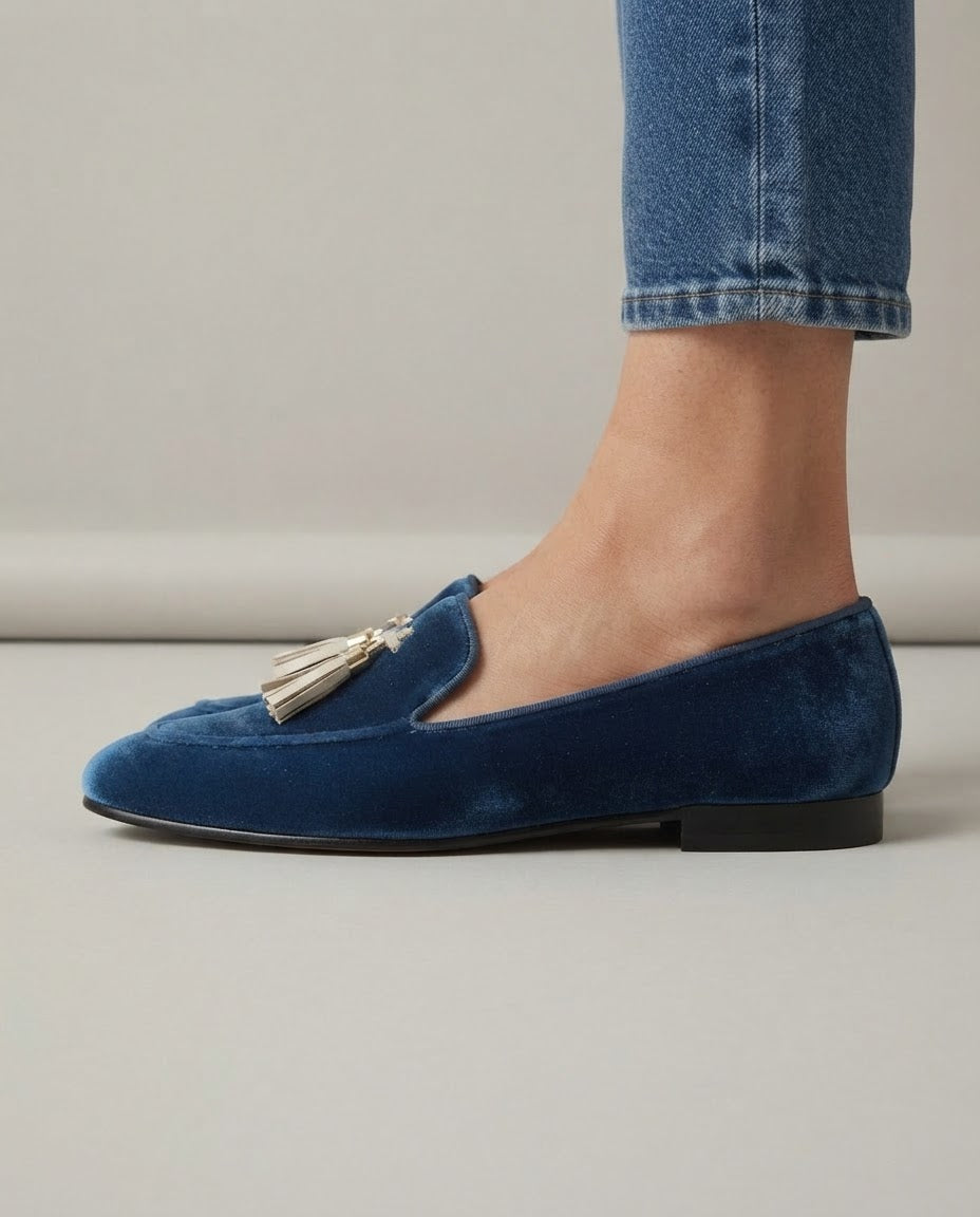 Tatiana - Blue Velvet Loafers with Gold Tassels