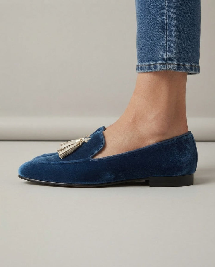 Tatiana - Blue Velvet Loafers with Gold Tassels
