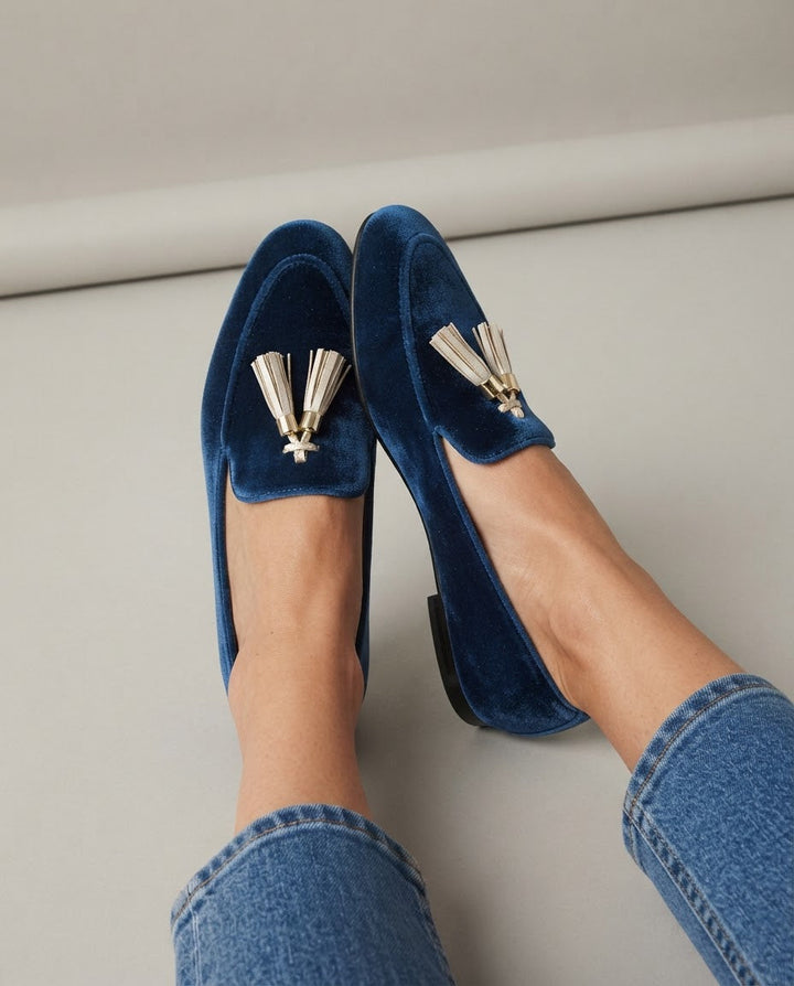 Tatiana - Blue Velvet Loafers with Gold Tassels