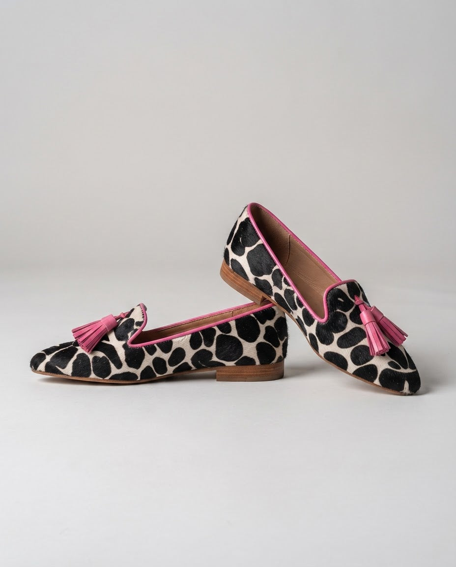 Eliza - Black and White Print Loafers with Pink Tassels