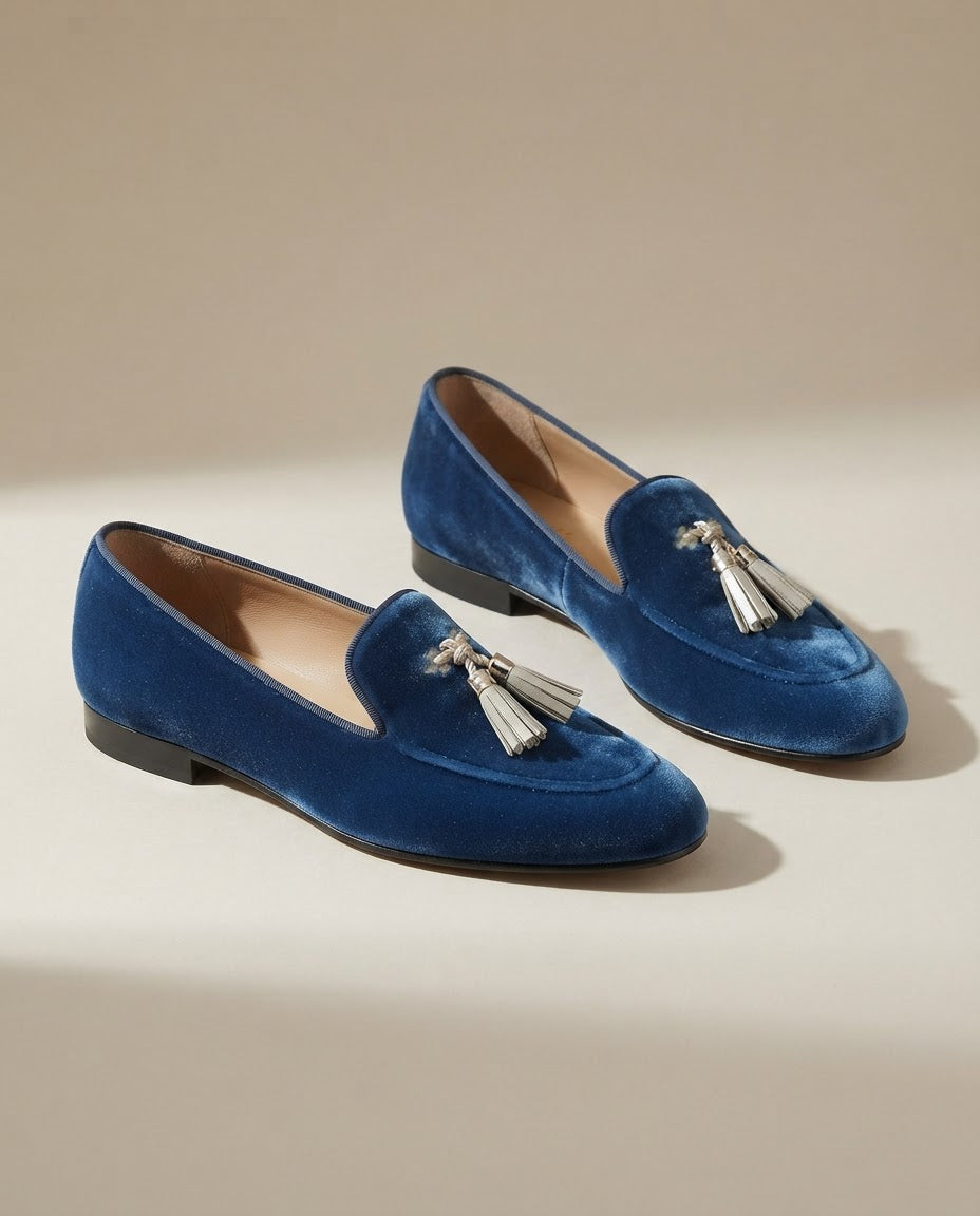 Tatiana - Blue Velvet Loafers with Gold Tassels