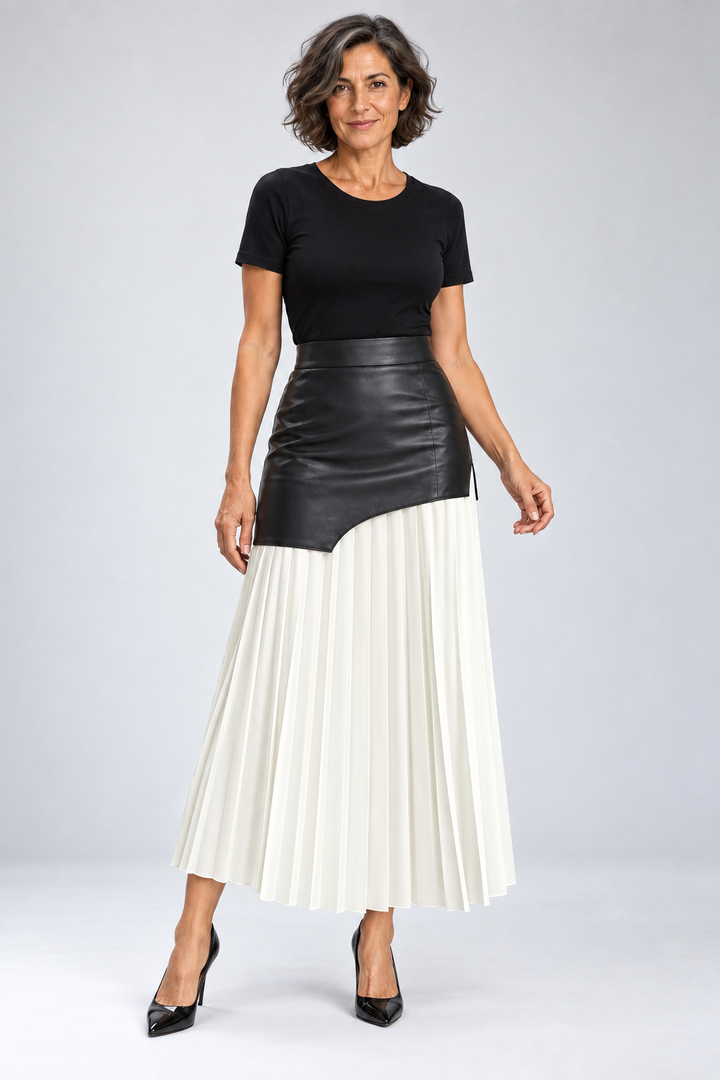 Caressa - Asymmetric Satin and Faux Leather Maxi Skirt