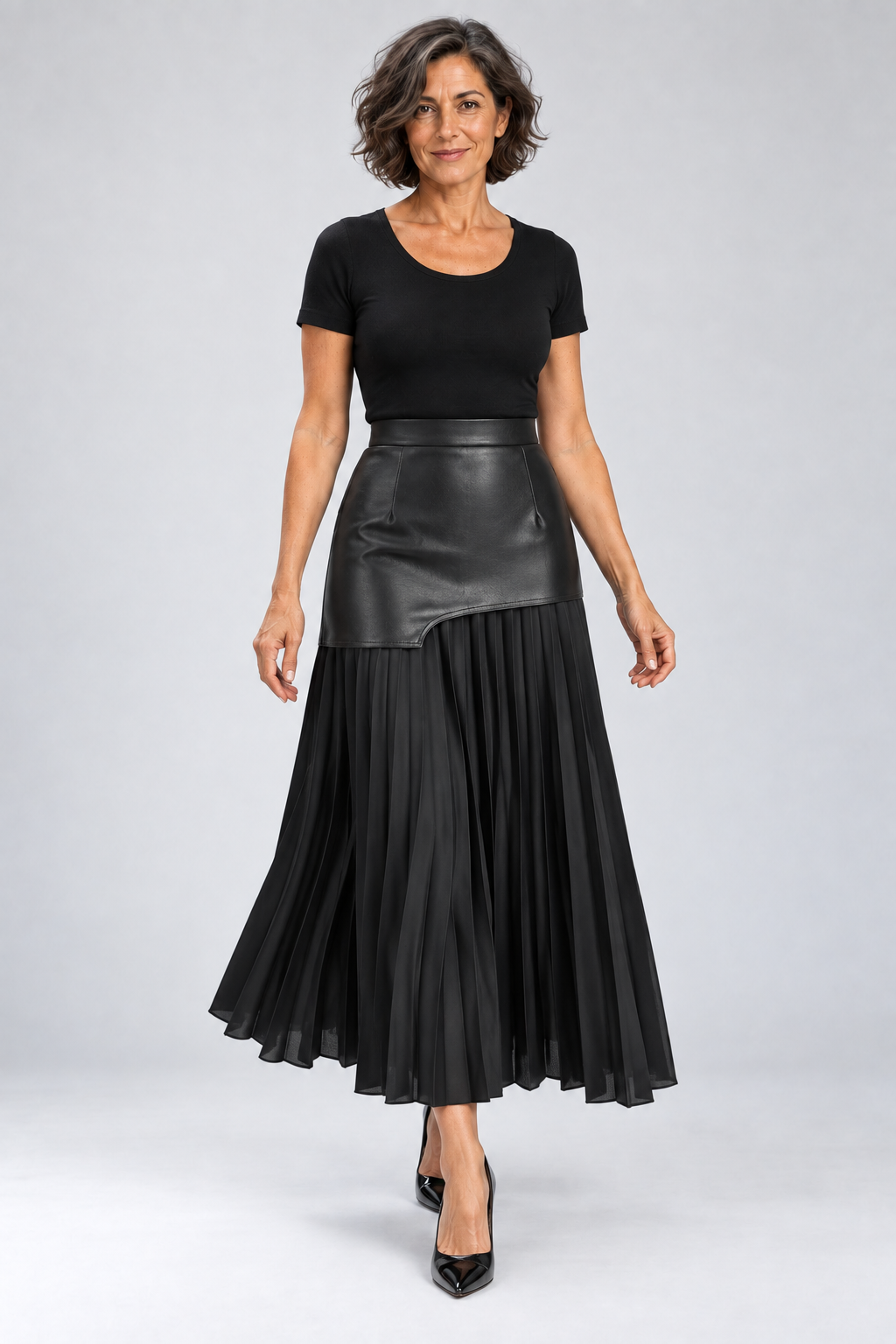 Caressa - Asymmetric Satin and Faux Leather Maxi Skirt