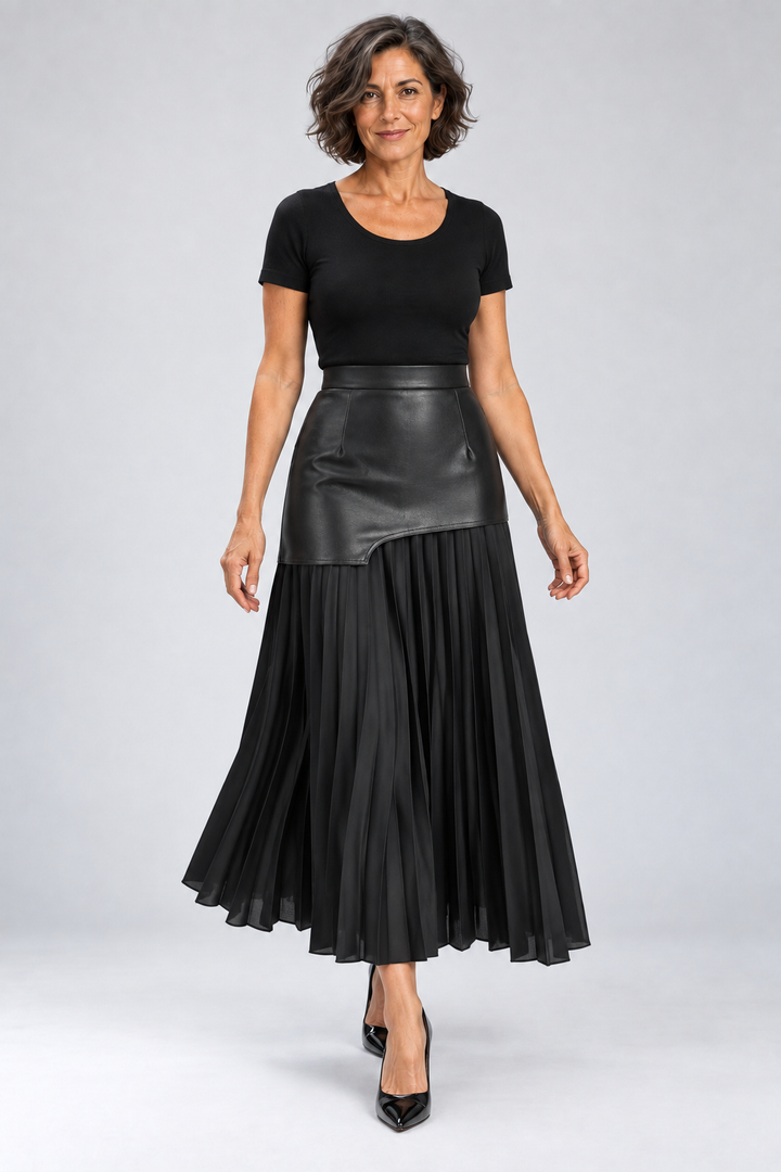 Caressa - Asymmetric Satin and Faux Leather Maxi Skirt
