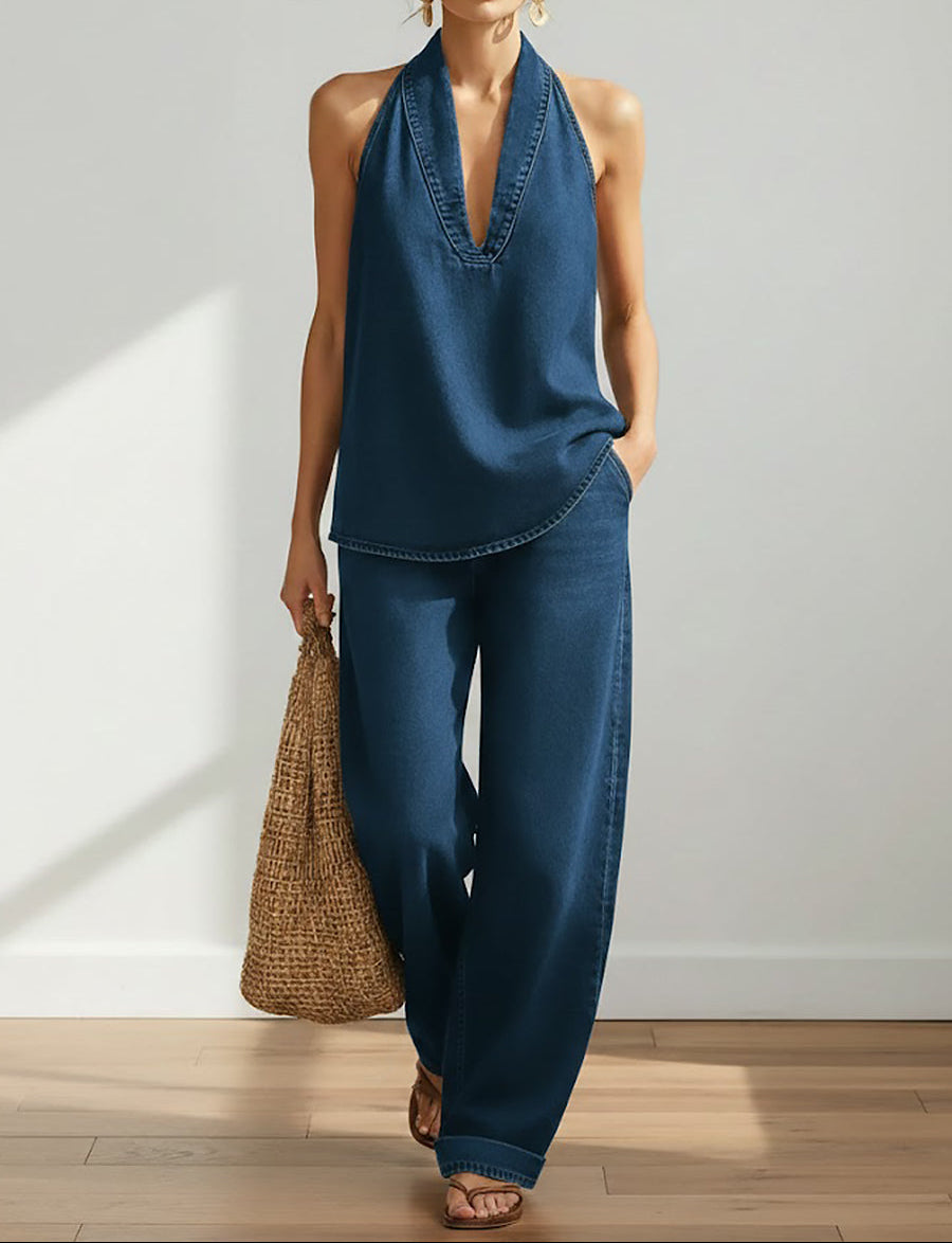 Amaris - Denim Top and Wide-Leg Pants Set