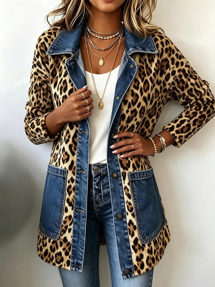 Maude - Leopard Print Denim-Trim Long Jacket