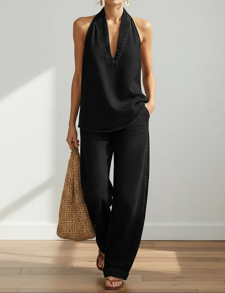 Amaris - Denim Top and Wide-Leg Pants Set
