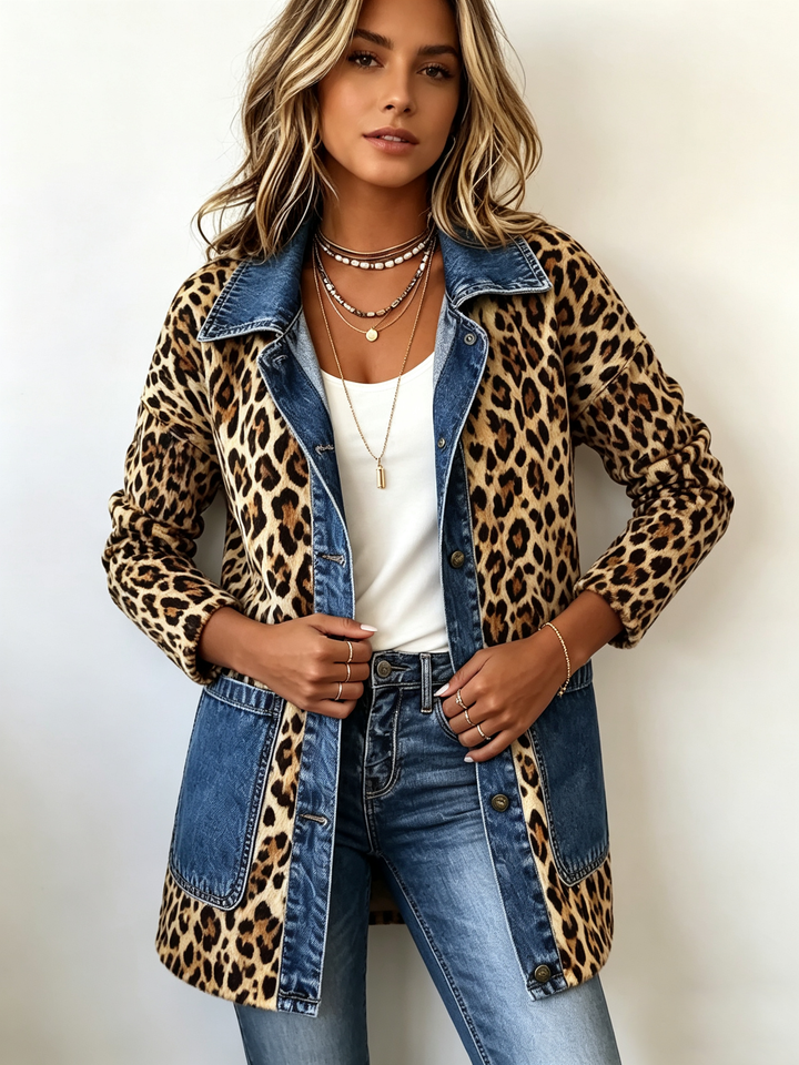 Maude - Leopard Print Denim-Trim Long Jacket