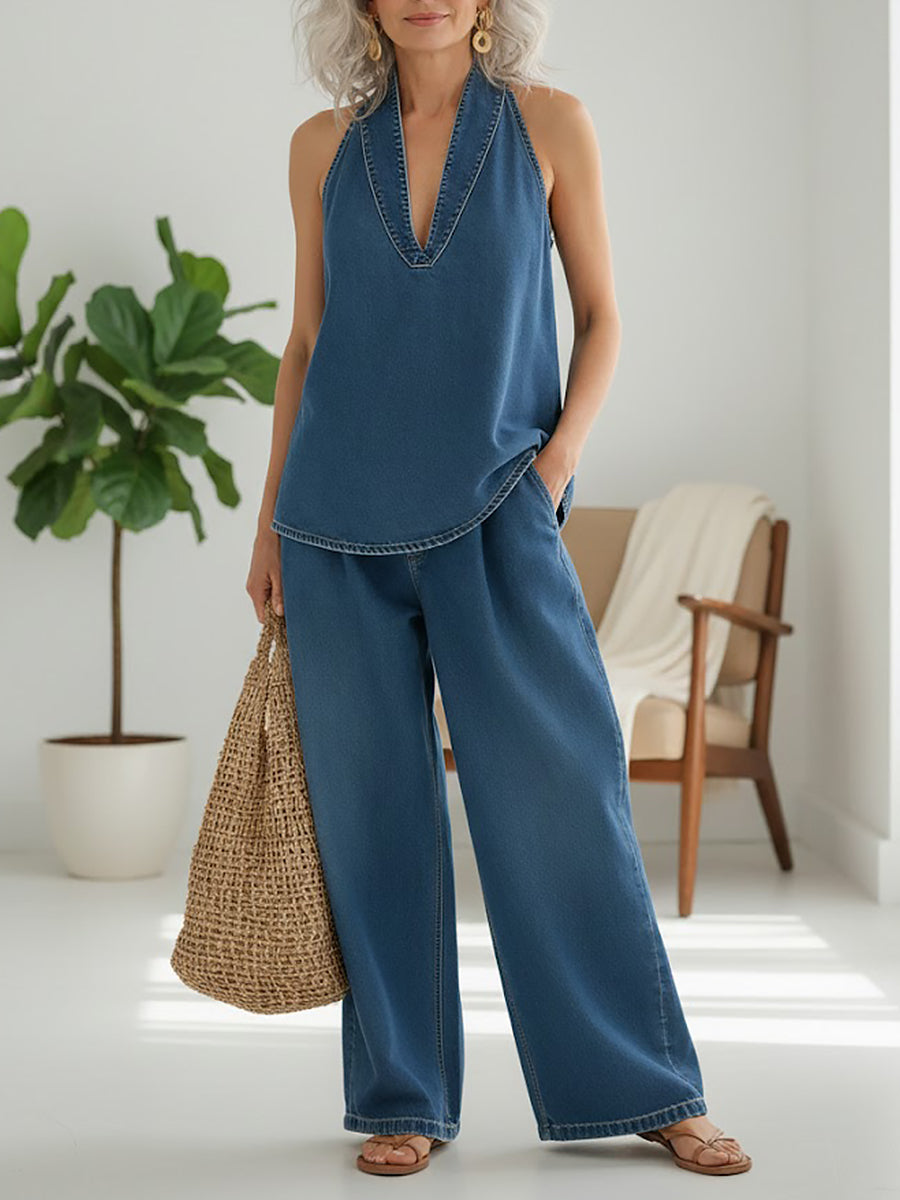 Amaris - Denim Top and Wide-Leg Pants Set