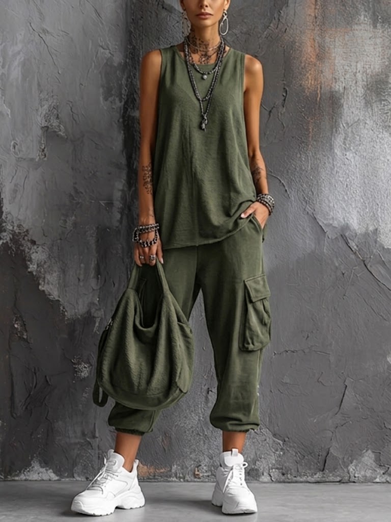 Evaline - Sleeveless Top and Utility Pocket Pants Set