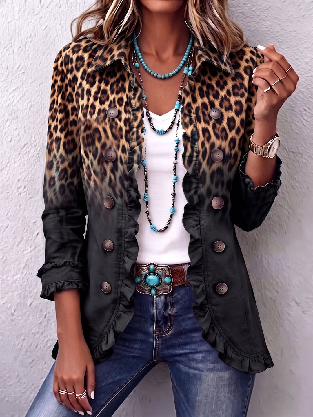 Carolina - Leopard Print Ruffle-Trim Blazer