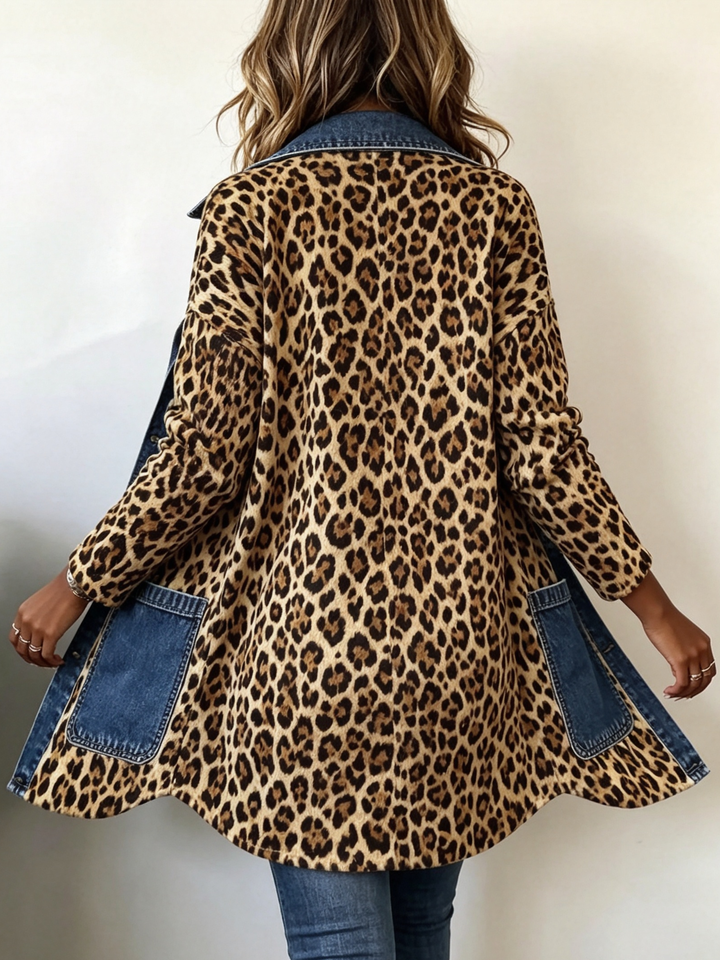 Maude - Leopard Print Denim-Trim Long Jacket