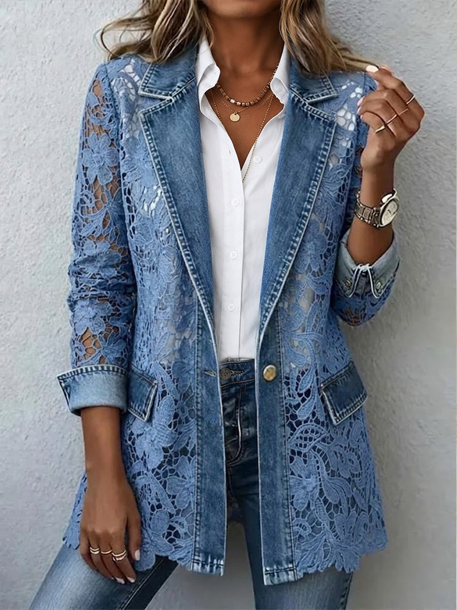 Rosamund - Denim Blue Floral Lace Blazer