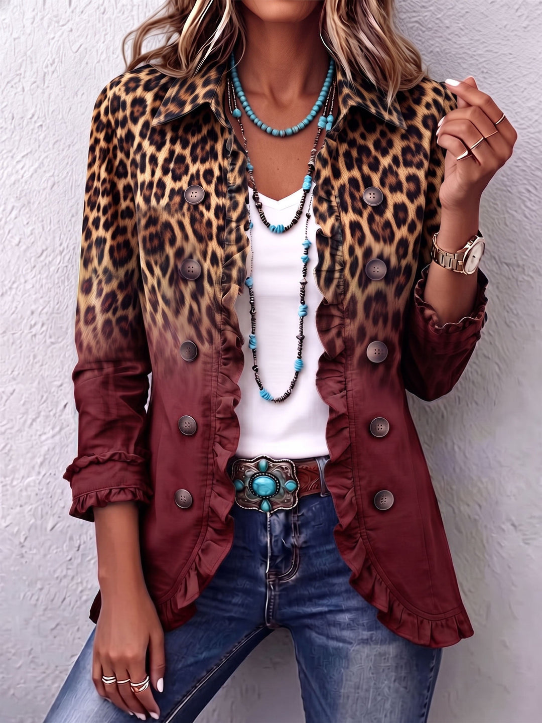 Theodora - Burgundy Leopard Print Ruffle Blazer