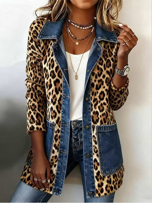 Maude - Leopard Print Denim-Trim Long Jacket