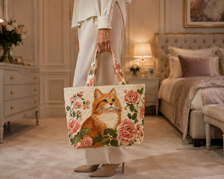 Bolsa Tote Acolchada - Gato Jengibre con Rosas