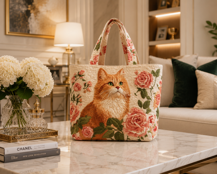 Bolsa Tote Acolchada - Gato Jengibre con Rosas