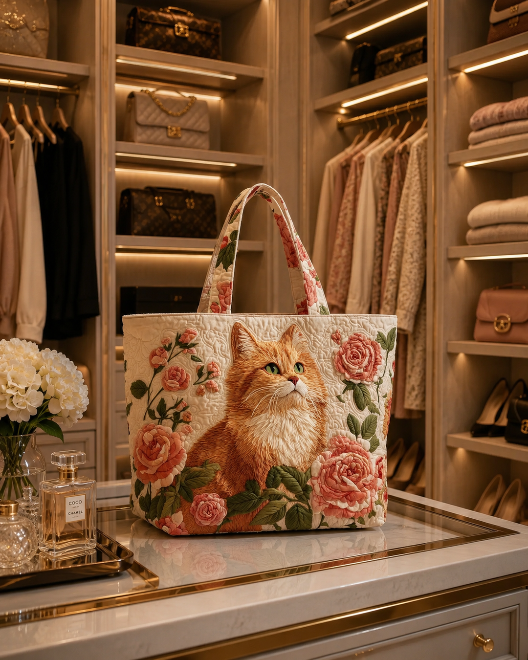 Bolsa Tote Acolchada - Gato Jengibre con Rosas