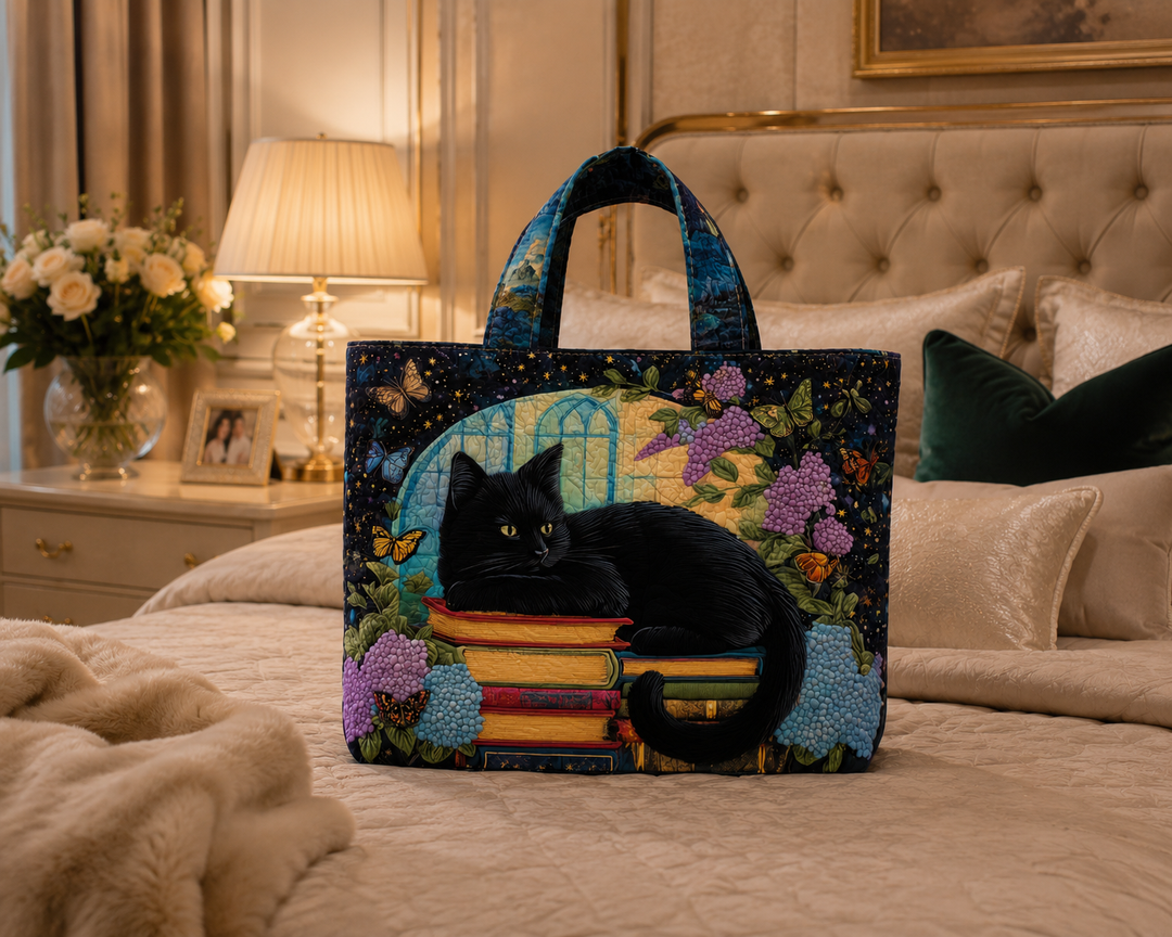 Bolsa Tote Acolchada - Gato Negro sobre Libros