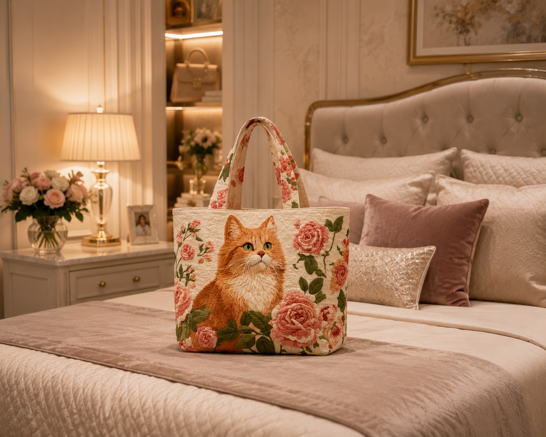 Bolsa Tote Acolchada - Gato Jengibre con Rosas